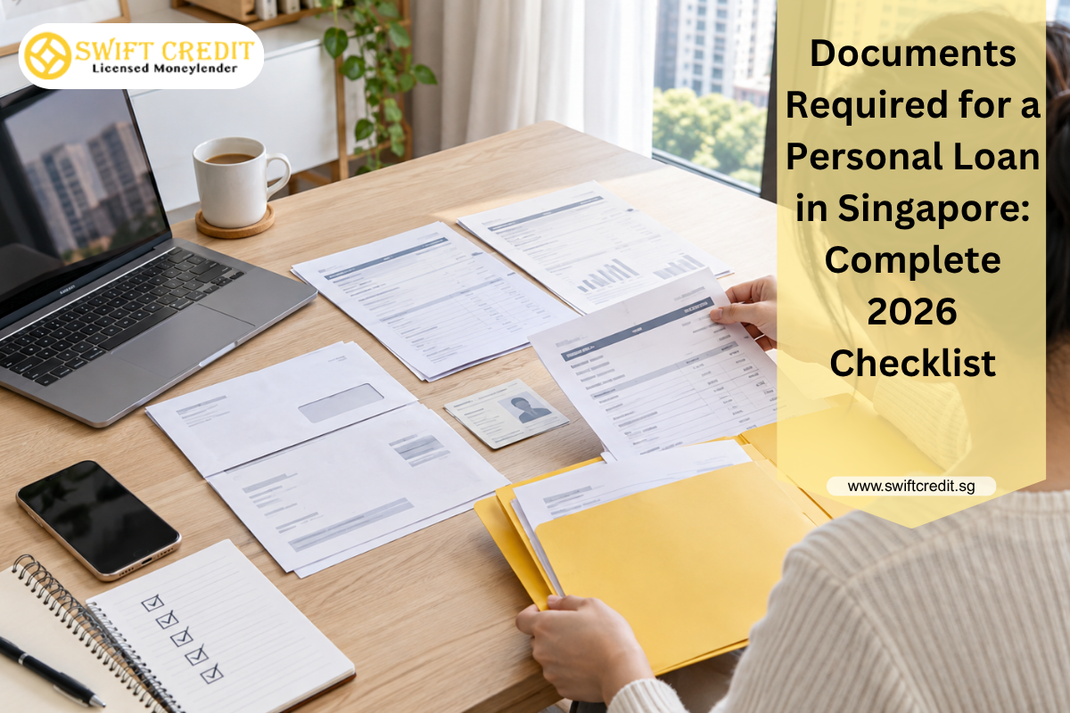 Applicant organising income and identification documents for a personal loan application in Singapore.