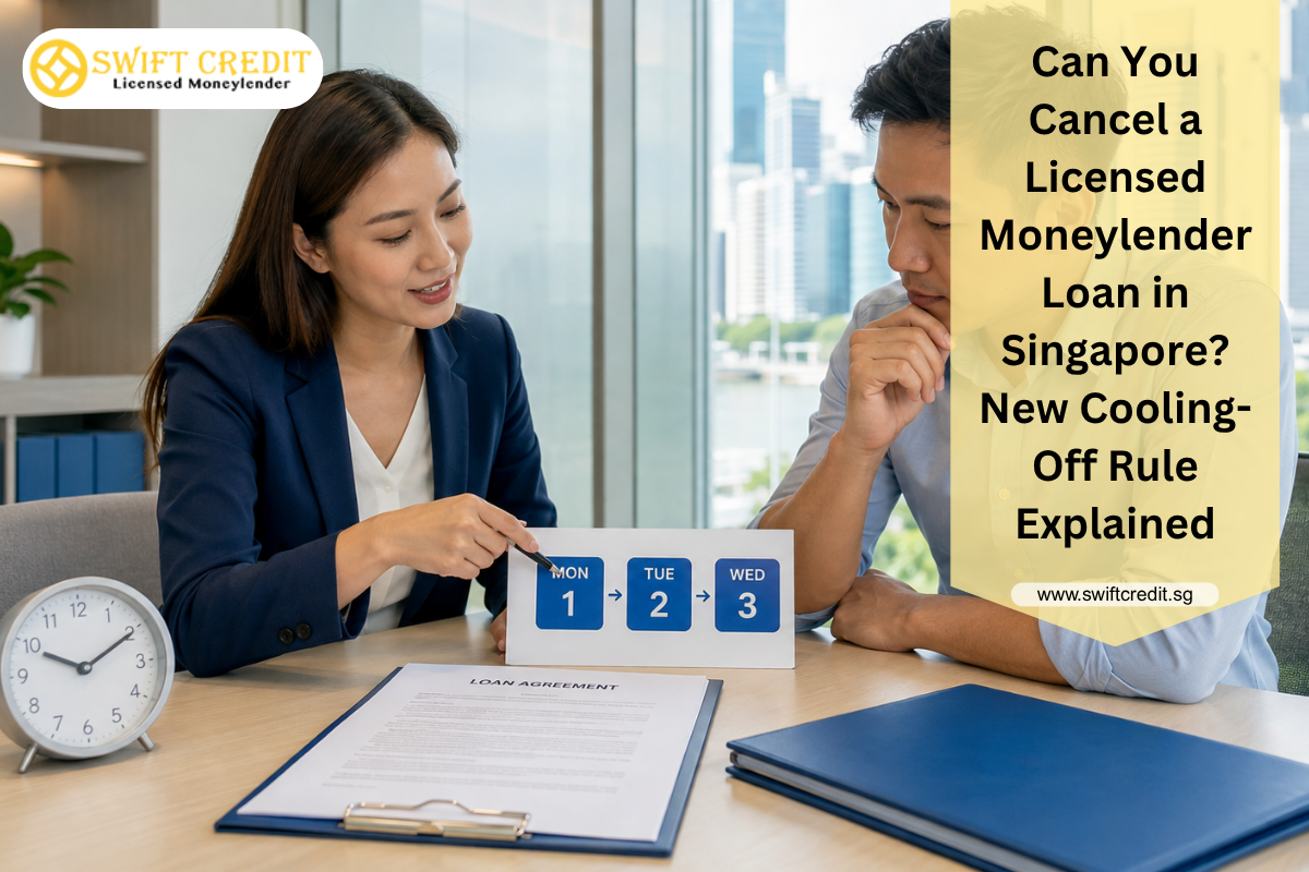 Swift Credit loan consultant explaining Singapore’s three-business-day licensed moneylender cooling-off period to a borrower.