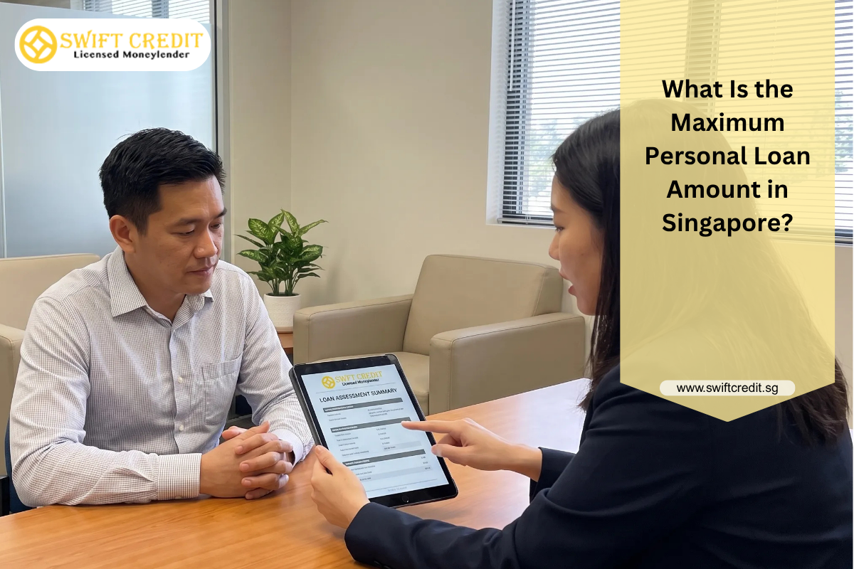 A borrower discusses a personal loan assessment with a bank adviser, reviewing the amount available against their income.