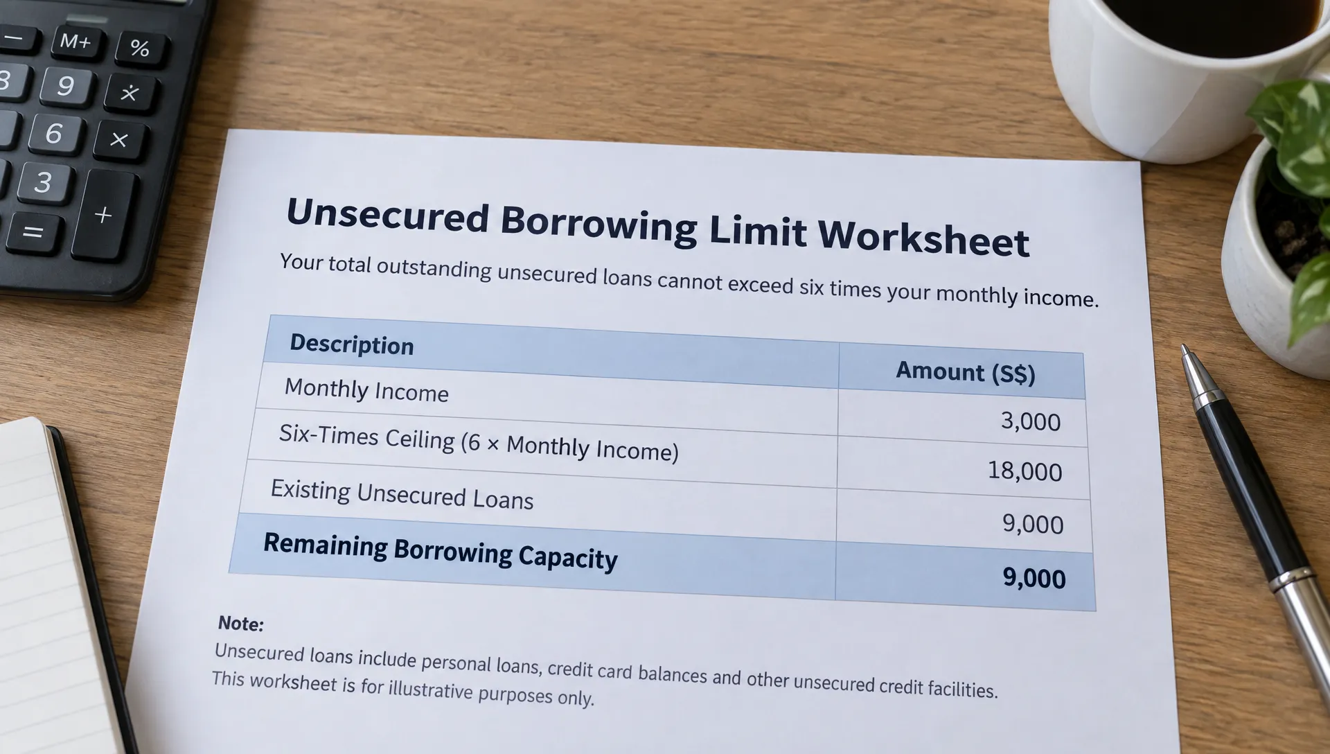 A worksheet on a table shows S$3,000 monthly income, an S$18,000 six-times ceiling, S$9,000 in existing unsecured loans and S$9,000 in remaining borrowing capacity.